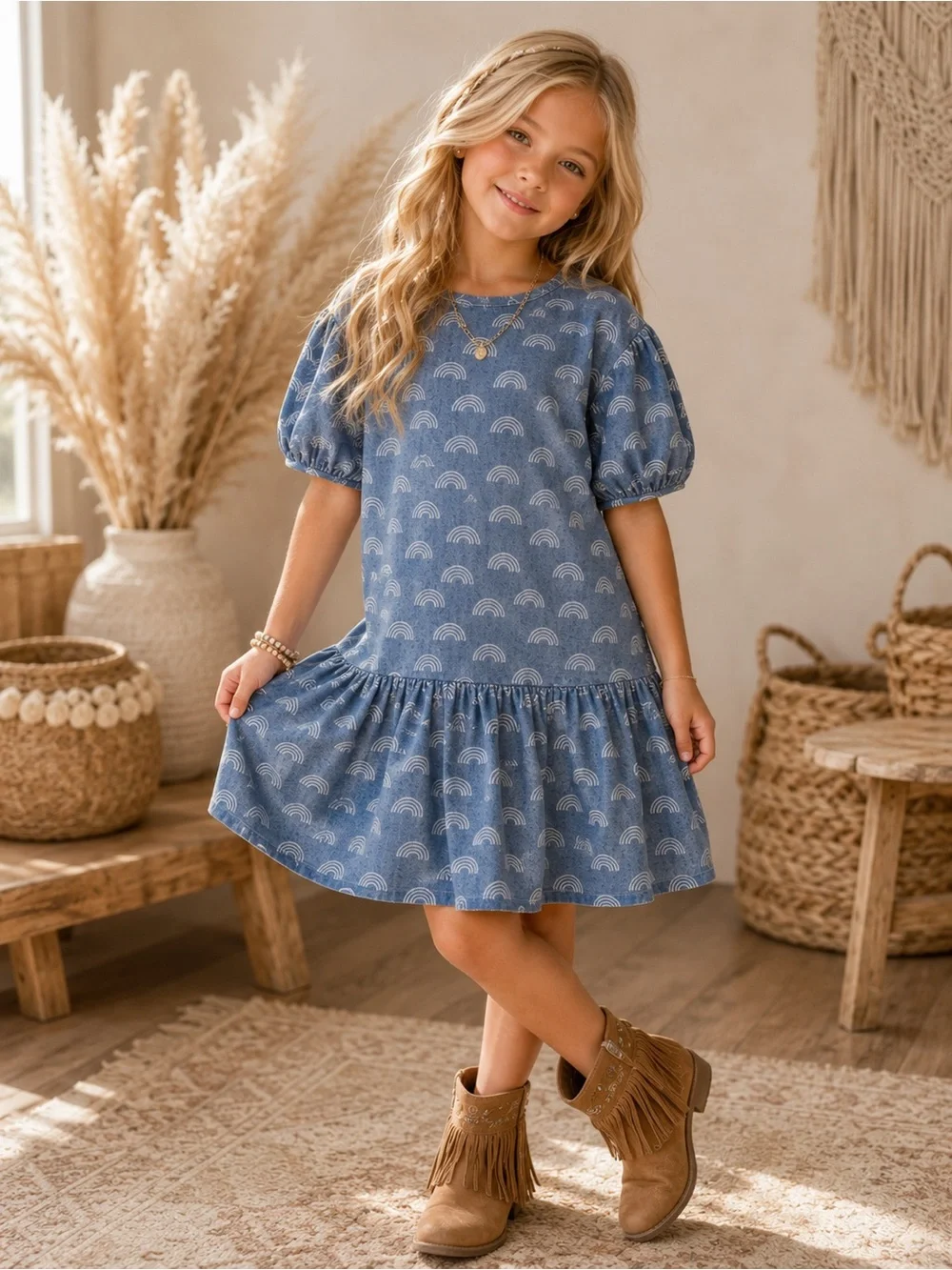 Tea Collection Girl’s Denim Blue Rainbow Puff-Sleeve Dress Size 7 100% Cotton